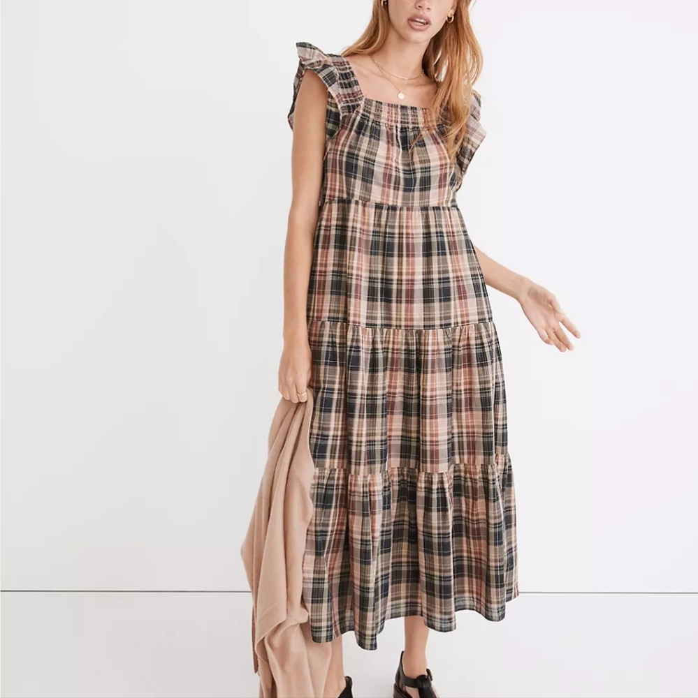 Madewell: Flutter-Sleeve Tiered Midi Dress in Plaid